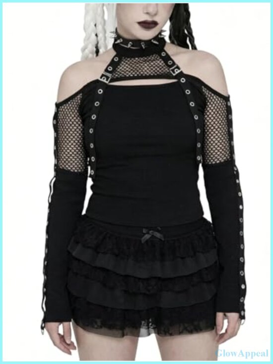 Tops - Gothic Crop Top with Fishnet Mesh, Cold Shoulder Punk Halter Neck Blouse